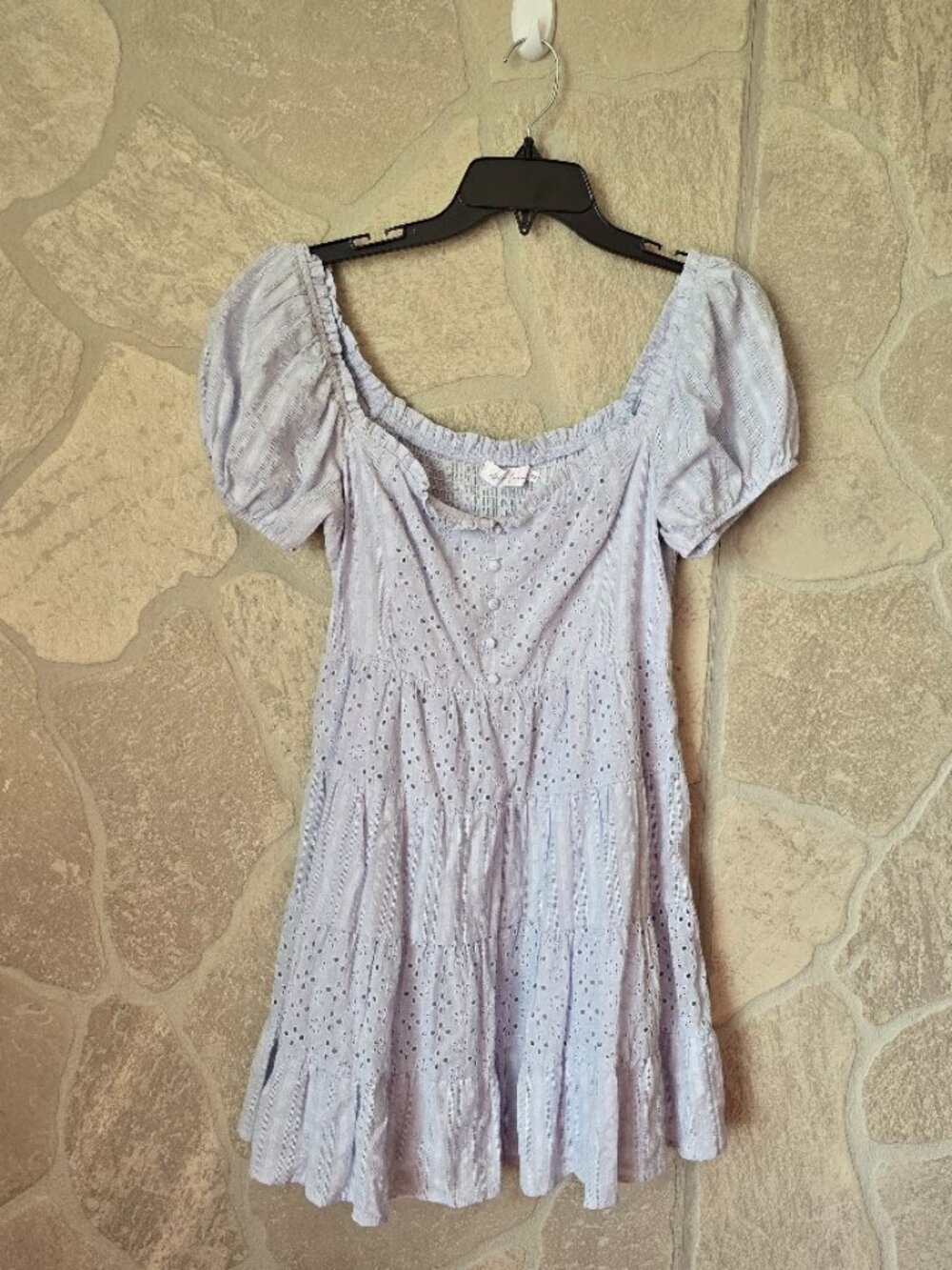 Eyelet Babydoll Mini Dress M Puff Sleeve Smocked Blue - Picture 5 of 12